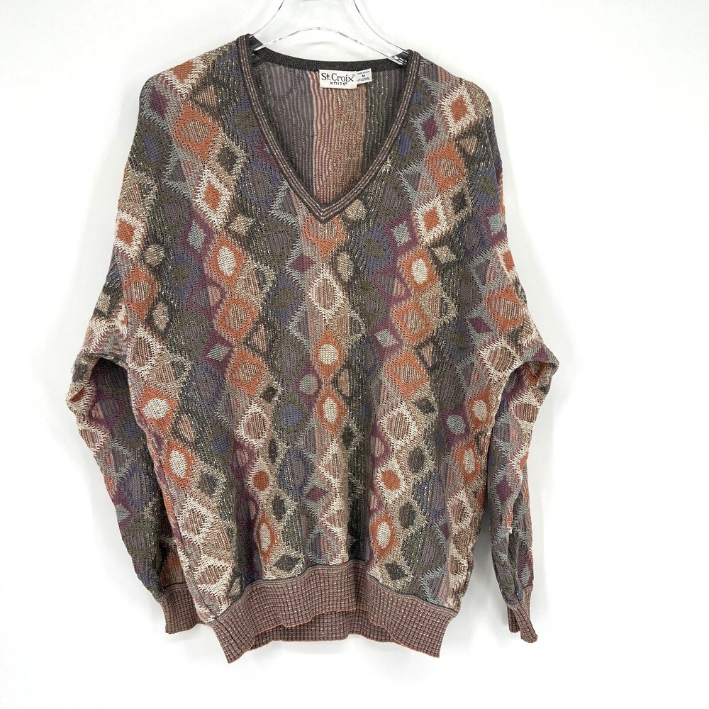 Vtg St. Croix Knits Sweater Mens M Geometric Diamond Grandpa Colorful‎ Biggie